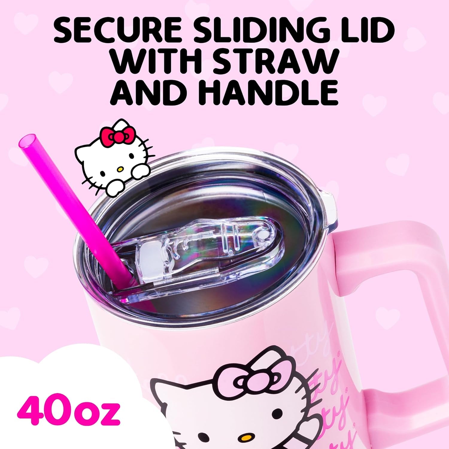Sanrio Hello Kitty Waving Double Walled Stainless Steel Tumbler with Handle and Straw, Fits in Standard Cup Holder, 40 Ounces