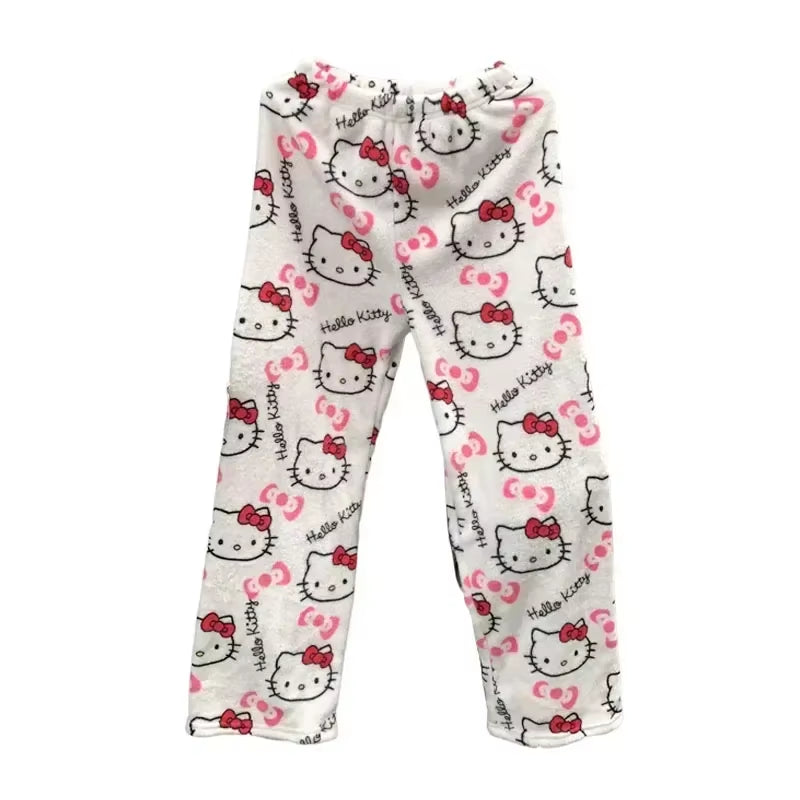Thicken Hello Kitty Pajama Pants Sanrio Anime Fleece Double Elastic Fabric Soft Trousers Women Trousers Cartoon Birthday Gift