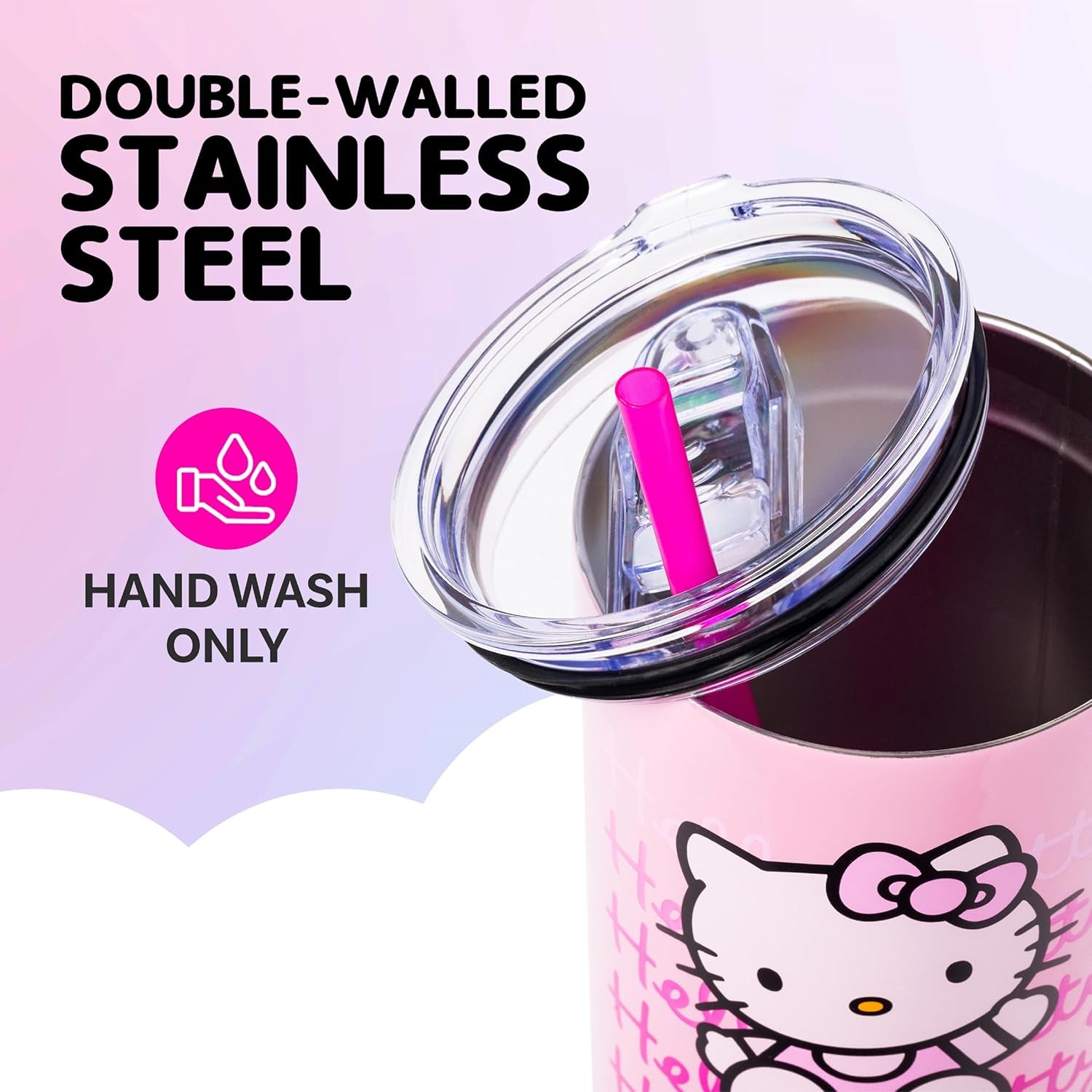Sanrio Hello Kitty Waving Double Walled Stainless Steel Tumbler with Handle and Straw, Fits in Standard Cup Holder, 40 Ounces