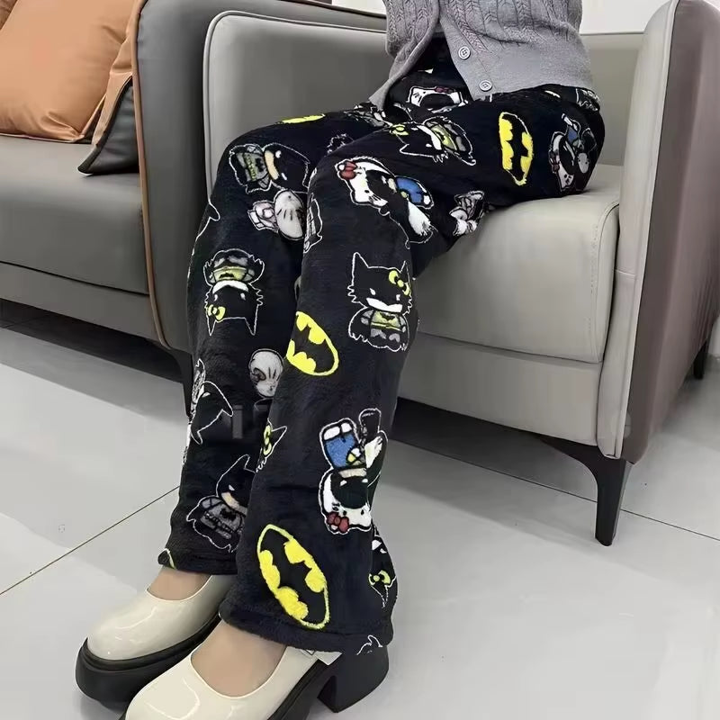 New Sanrio Y2K Autumn  Batman Pajama Pants Cartoon Hip Hop Ladies Warm Casual Flannel Cute Pants Plush Style Clothing