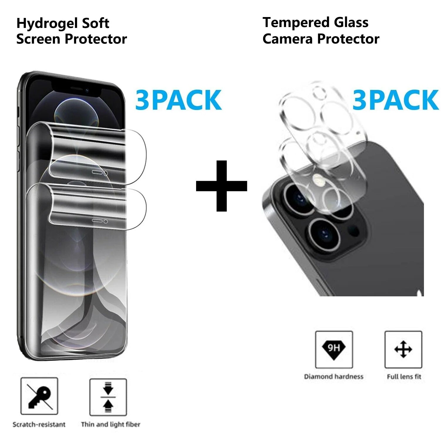 Screen/Lens Protector for Iphone 13 6.1 Inch 2021, [3 Pack] Front & Back Hydrogel Film Bubble Free Screen Protector + [3 Pack] Clear Tempered Glass Camera Protector