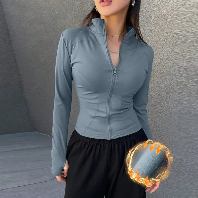 Outdoor Sports Long Sleeved Women Slim Yoga Clothes Quick Dry Zipper Cardigan Stand Up Collar Jacket Running Fitness Jacket Top