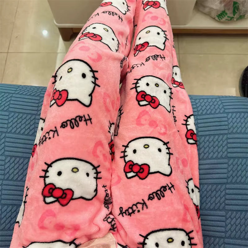 Thicken Hello Kitty Pajama Pants Sanrio Anime Fleece Double Elastic Fabric Soft Trousers Women Trousers Cartoon Birthday Gift